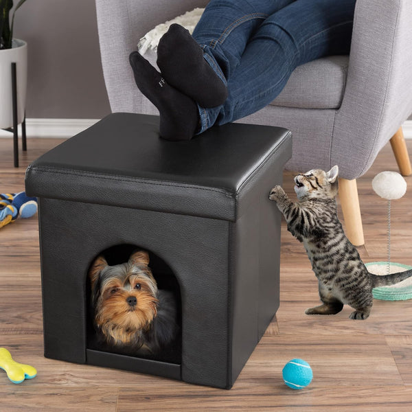 Cat House â Collapsible Multipurpose Small Dog or Cat Ottoman with Footrest, Cushioned Top, and Interior Pillow by PETMAKER (Black)