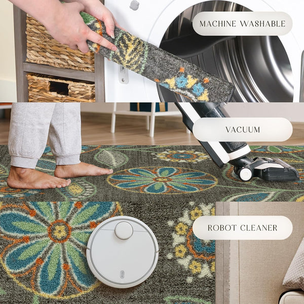 Maples Rugs Reggie Floral Kitchen Rug - Made in USA - Washable, Non Slip Indoor Carpet for Entryway, Foyer, Kitchen, and Bathroom, 1'8 X 2'10,