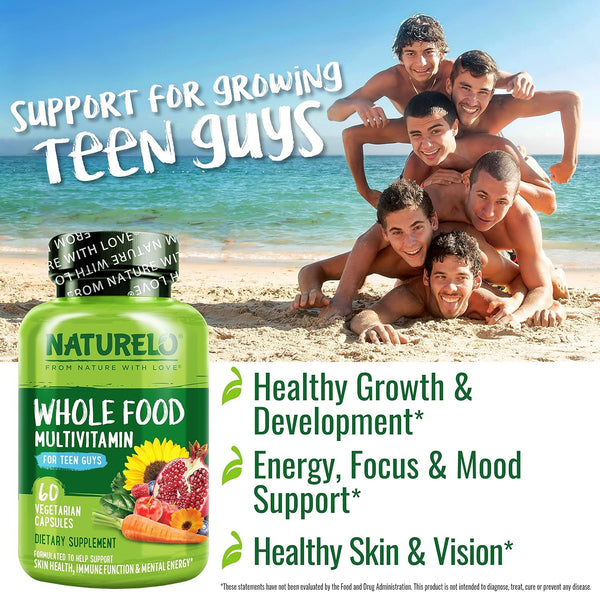 NATURELO Teen Multivitamin - Whole Food Multivitamin for Teenage Boys - Minerals Supplement for Active Kids - with Plant Extracts - Non-Gmo -