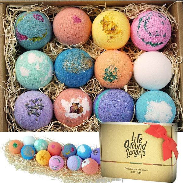 Lifearound2Angels Bath Bombs Gift Set 12 USA Made Fizzies, Shea & Coco Butter Dry Skin Moisturize, Perfect for Bubble Spa Bath. Handmade Birthday