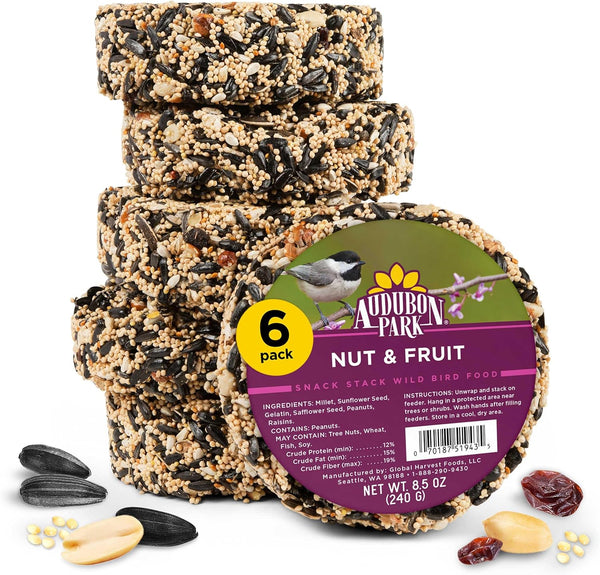 Audubon Park Nut & Fruit Snack Stack Wild Bird Food, Bird Seed Cake for outside Feeders, 6-Pack