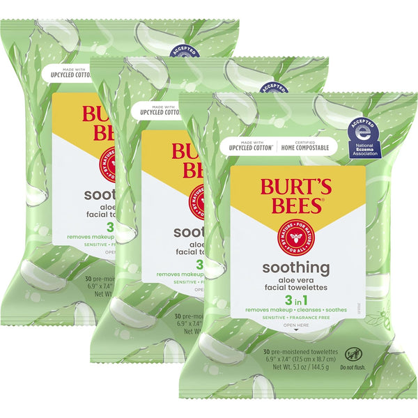Burt'S Bees Aloe Vera Face Wipes, for Sensitive Skin, Soothing Makeup Remover & Facial Cleansing Towelettes, 30 Ct. (3-Pack)