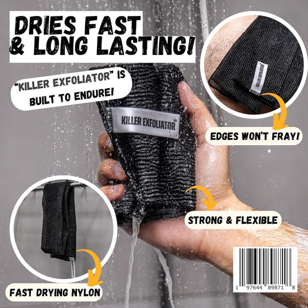 Extra Rough Exfoliating Washcloth-Extreme Body & Back Scrubber for Shower, Extra Long, Hygienic Rough Exfoliator, Men & Women, 2 Count Pack, Black