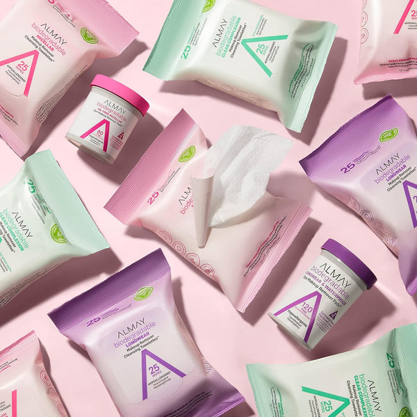 Almay Makeup Remover Cleansing Towelettes, Biodegradable Micellar Water Wipes for Sensitive Skin, Hypoallergenic, Cruelty- & Fragrance-Free, 25 Count
