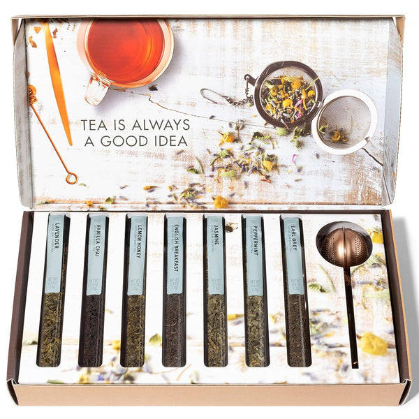 Thoughtfully Gourmet, Tea Therapy Infusion Gift Set, 7 Unique Flavors and Reusable Copper Ball Infuser, Loose Leaf Tea Set Flavors Include