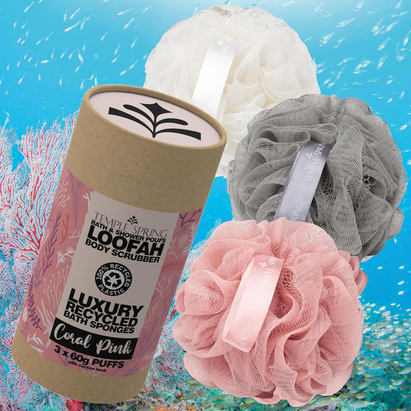 Temple Spring Recycled Luffa Sponges, Bathroom Shower Accessories, Loofa Bath Sponge, Exfoliating Body Scrubber Exfoliator Pouf, Shower Scrubber
