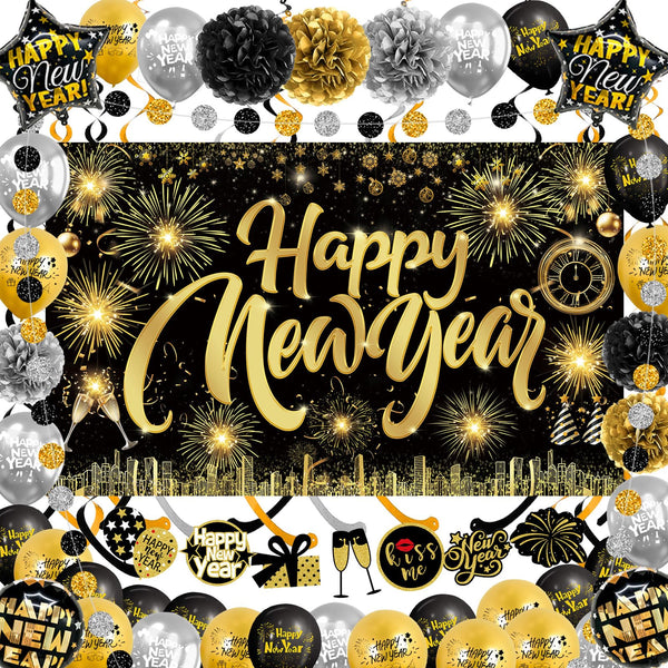 Happy New Year Party Backdrop Fabric Sign Poster Banner with Pattern Firework for New Year Party Decoration Photo Props Background Supplies