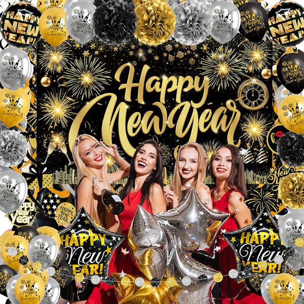 Happy New Year Party Backdrop Fabric Sign Poster Banner with Pattern Firework for New Year Party Decoration Photo Props Background Supplies