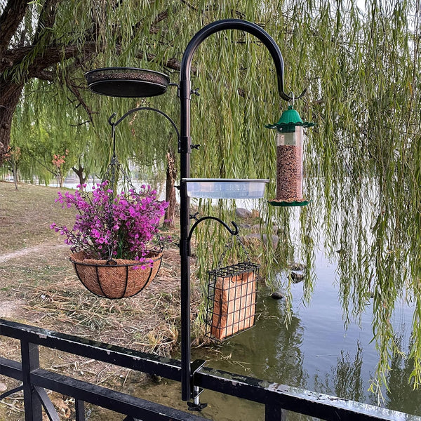 Upgraded Bird Feeding Station Kit,Deck Railing Mounted Birds Feeder Pole for Balcony with 3 Hooks,Bird Bath,Metal Mesh Tray and Suet