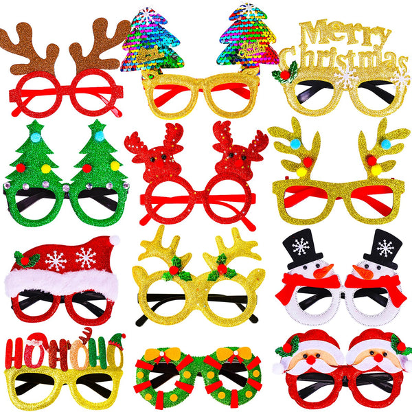 Max Fun 12Pcs Christmas Glasses Glitter Holiday Party Glasses Frames Christmas Decoration Accessories Costume Eyeglasses for Christmas Parties