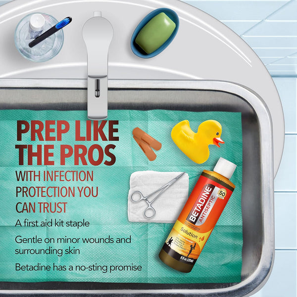 Betadine Antiseptic First Aid Solution, Povidone-Iodine 10%, Infection Protection, Kills Germs in Minor Cuts Scrapes and Burns, No Sting Promise,