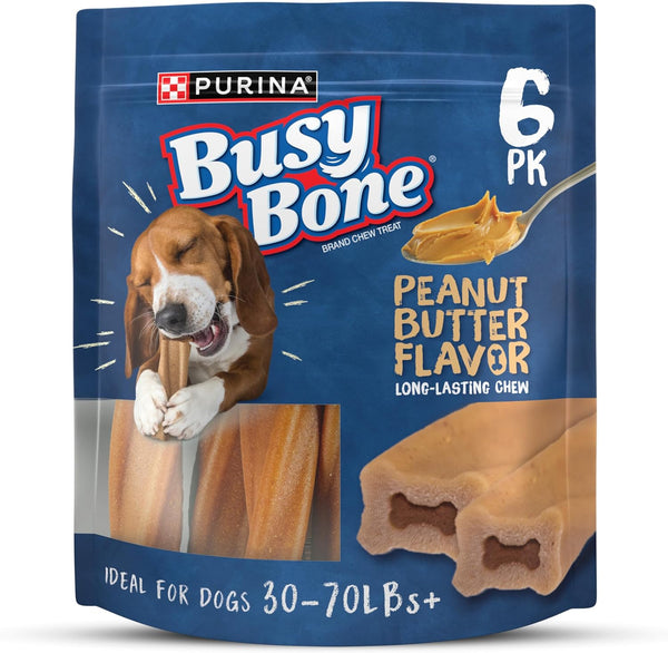 Purina Busy Bone Made in USA Facilities, Long Lasting Small/Medium Breed Adult Dog Chews, Peanut Butter Flavor - (Pack of 4) 6 Ct. Pouches