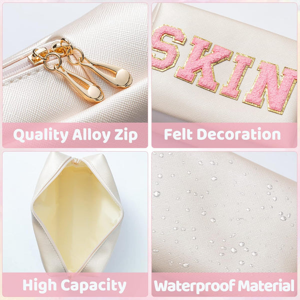 Y1Tvei 2Pcs Preppy Patch SKIN BATH Varsity Letter Cosmetic Toiletry Bag Pink Letter Makeup Bag Zipper Pouch Storage Portable Purse Waterproof