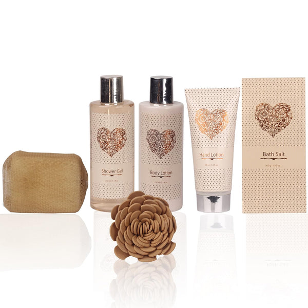 Spa Gift Basket â Bath and Body Set with Vanilla Fragrance by Lovestee - Gift Basket Includes Shower Gel, Body Lotion, Hand Lotion, Bath Salt, Eva