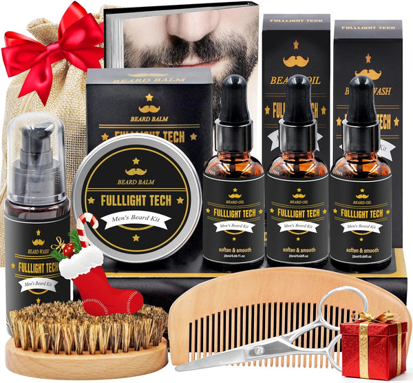 Beard Kit for Men Grooming & Care W/3 Pack Beard Oil, Wash, Balm, Comb, Brush, Scissors,Anniversary Valentines Birthday Fathers Gifts Idea for
