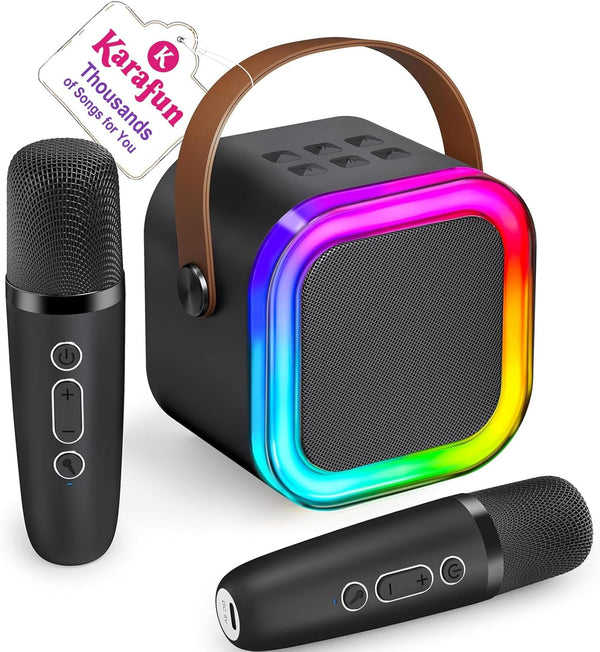 IROO Mini Karaoke Machine for Kids Adults(Karafun Premium), Portable MP3 Player with 2 Wireless Mics and Party Lights for Smartphones, Birthday