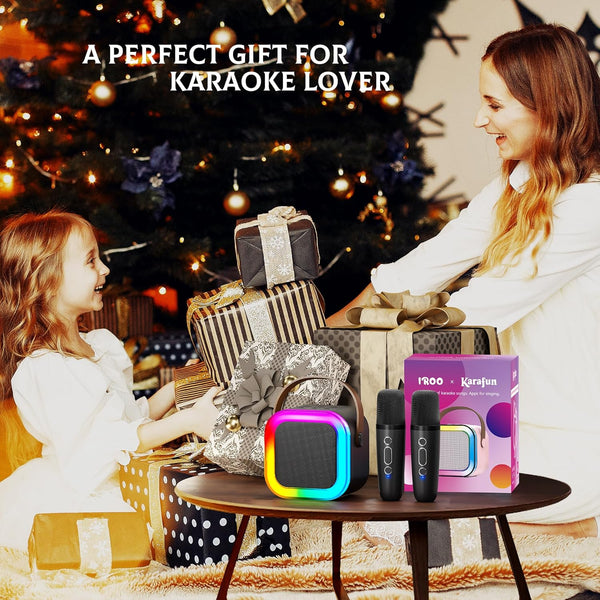 IROO Mini Karaoke Machine for Kids Adults(Karafun Premium), Portable MP3 Player with 2 Wireless Mics and Party Lights for Smartphones, Birthday