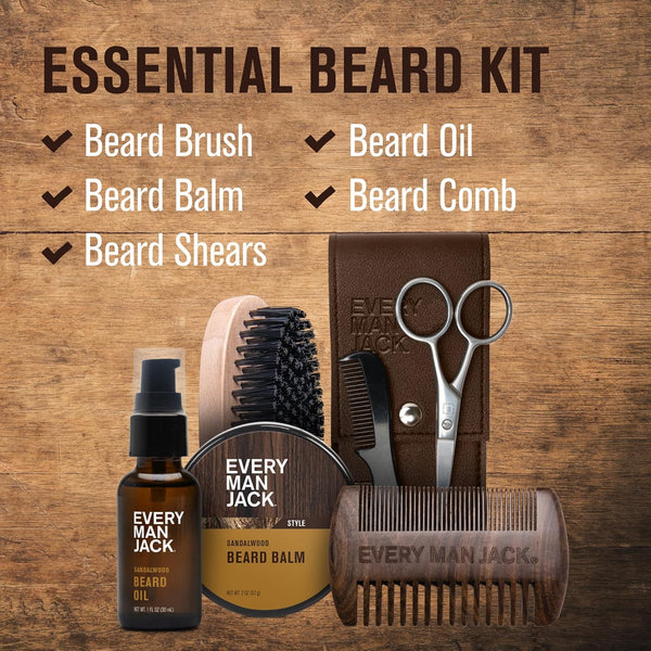 Every Man Jack Beard Grooming Kit for Men - Includes Sandalwood Beard Oil & Beard Balm, Beard Brush, Wooden Dual-Sided Comb, Trimming Scissors and