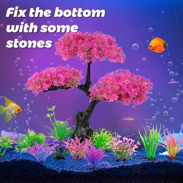 Ameliade Aquarium Artificial Plastic Plants Decoration, Pink Cherry Blossom Tree Aquarium Decor Set, Goldfish Betta Fish Tank Decorations Hides