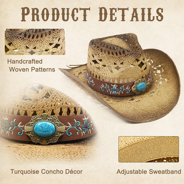 Cowgirl Hats for Women Straw Cowboy Hat Western Beach Sun Hat with Shapeable Brim for Coastal Cowgirl