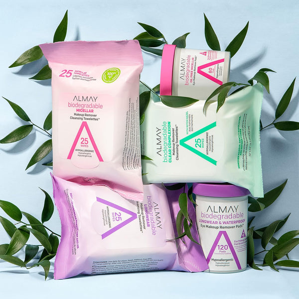 Almay Makeup Remover Cleansing Towelettes, Biodegradable Micellar Water Wipes for Sensitive Skin, Hypoallergenic, Cruelty- & Fragrance-Free, 25 Count