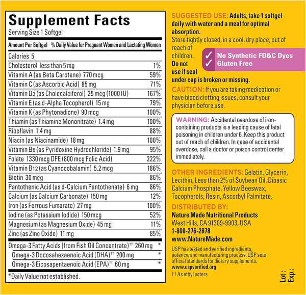 Nature Made Prenatal with Folic Acid + DHA, Prenatal Vitamin and Mineral Supplement for Daily Nutritional Support, 110 Softgels, 110 Day Supply