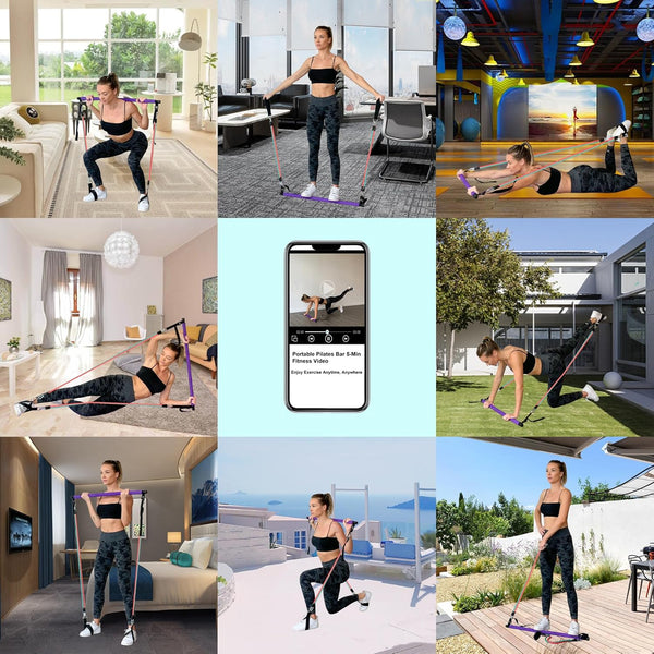 Portable Pilates Bar Kit with Resistance Bands for Men and Women - 3 Set Exercise Resistance Bands - Multifunctional Home Gym - Supports Full-Body