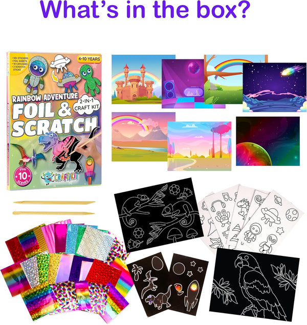 Craftikit ® Rainbow Adventure Foil Art & Scratch Art for Kids- 2-In-1 Arts and Crafts Kit for Kids Ages 4-10 - Rainbow Crafts for Boys Ages 4, 5,