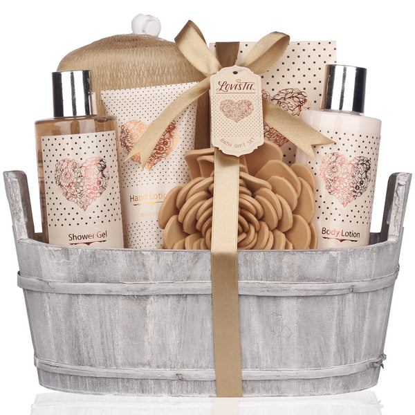 Spa Gift Basket â Bath and Body Set with Vanilla Fragrance by Lovestee - Gift Basket Includes Shower Gel, Body Lotion, Hand Lotion, Bath Salt, Eva