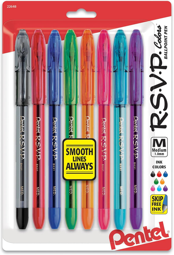 Pentel RSVP Ballpoint Pen, (1.0Mm), Medium Line, Assorted Ink, Pack of 8 (BK91CRBP8M)