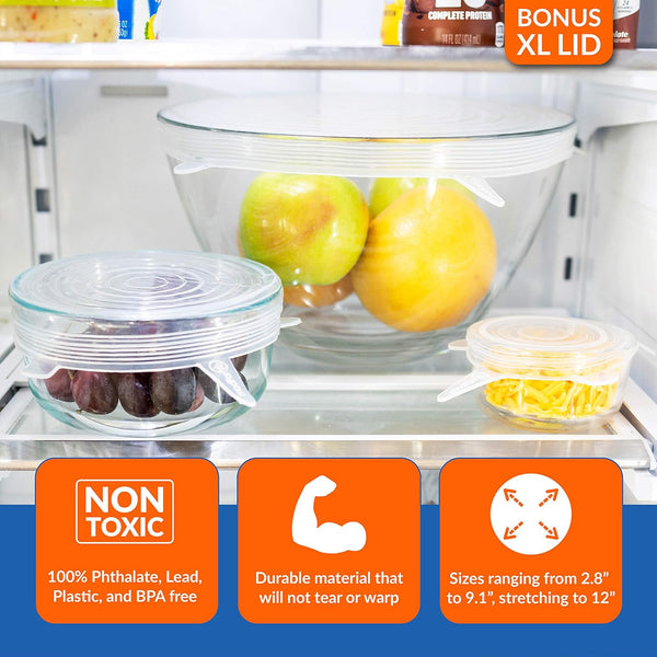 Modfamily Silicone Stretch Lids (7 Pack, Includes Exclusive XL Size), Reusable, Durable & Expandable to Fit Many Container Sizes & Shapes.