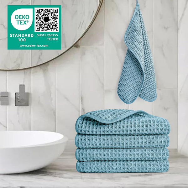 POLYTE 430 GSM Microfiber Lint Free Washcloth Face Towel, 13 x 13 in, 4 Pack (Waffle Weave) Green