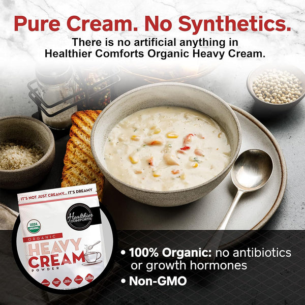 Healthier Comforts Organic Heavy Cream Powder (21 Oz) | Kosher, Gluten Free, Non-Gmo, and Keto Friendly | Long Lasting, Easy Sauces, Baking | Made