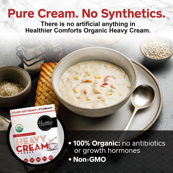 Healthier Comforts Organic Heavy Cream Powder (21 Oz) | Kosher, Gluten Free, Non-Gmo, and Keto Friendly | Long Lasting, Easy Sauces, Baking | Made