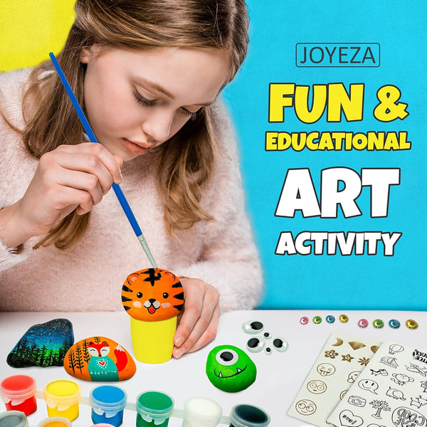 JOYEZA Rock Painting Kit Deluxe, Arts and Crafts for Girls Boys Age 6+, 12 Rocks Tween Gift Art Set, Waterproof Paints, Craft Kits Art Supplies,
