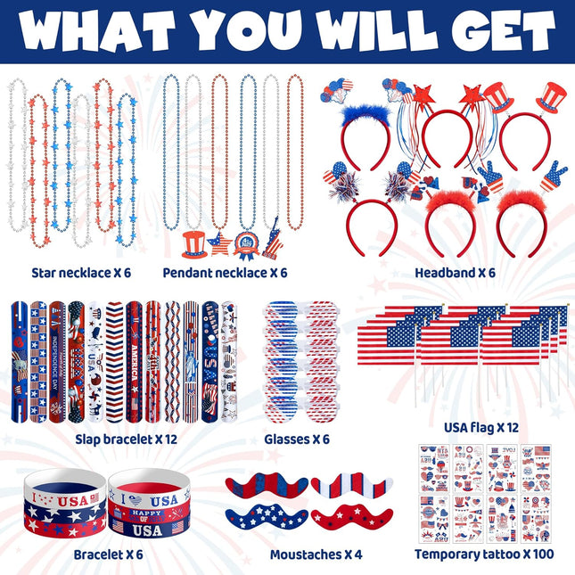 4Th of July Party Favors Set, Fourth of July Decorations 158 Pcs Accessories Includes Slap Bracelets, Necklaces, USA Fla