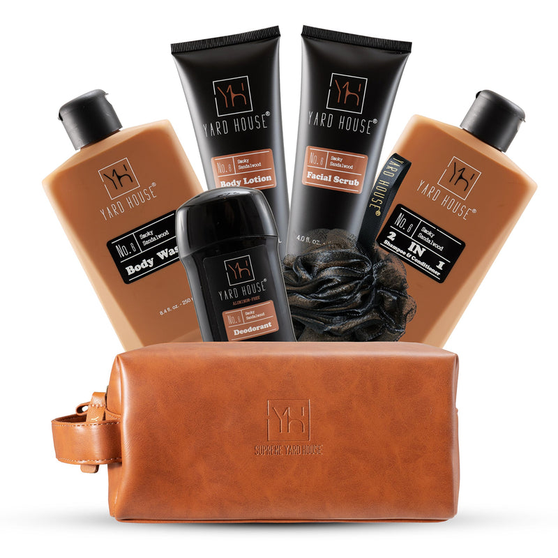 Luxury Mens Bath and Body Gift Set Basket for Him - Smoky Sandalwood - All Natural Skin Care Kit for Men W. Full Size Body Wash, Facial Scrub,