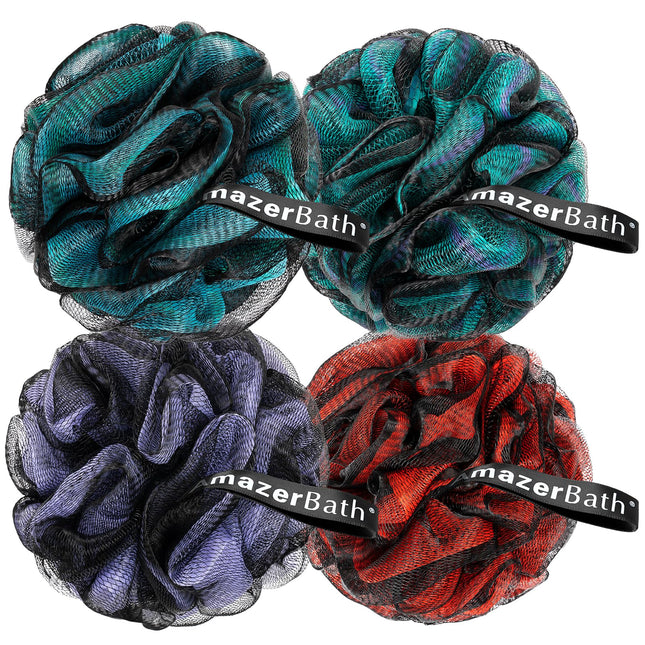 Amazerbath Charcoal Loofah Sponge, Shower Loofah 60G/Pcs - Body Scrubber Loofa Set of 4 - Charcoal Blue, Green, Purple &