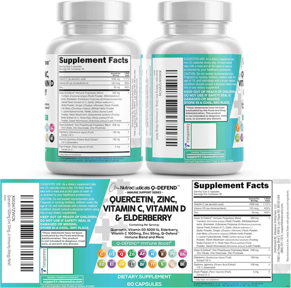 Clean Nutraceuticals Quercetin Zinc Vitamin C Vitamin D Bromelain Elderberry - Lung Immune Support Supplement Adults with Artemisinin, Sea Moss,