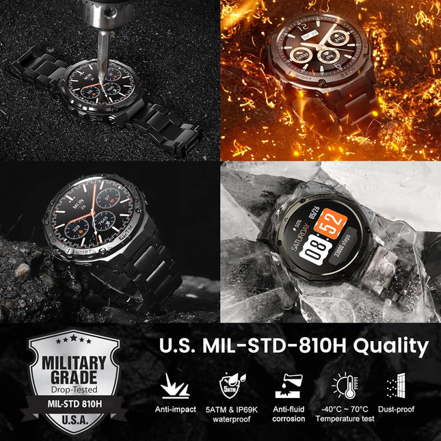 Smart Watches for Men GPS, Pressure,Altitude,Compass, 480Mah Extra-Large Battery, 50M Waterproof, Full Metal Body Rugged