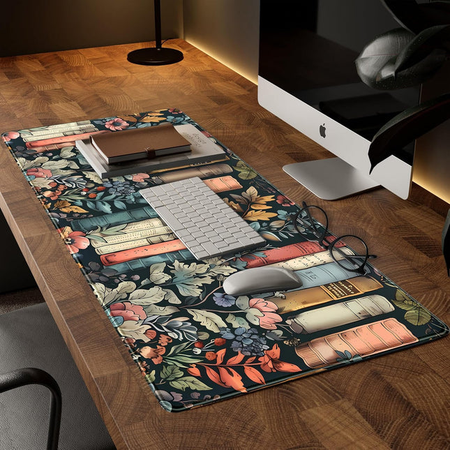 Floral Books Desk Mat Reading Desk Pad Mouse Mat XXL, Colorful Mouse Keyboard Pad Flower Bookshelf Desktop Mat, Long Com