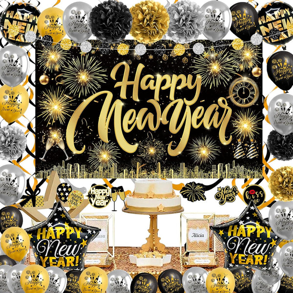 Happy New Year Party Backdrop Fabric Sign Poster Banner with Pattern Firework for New Year Party Decoration Photo Props Background Supplies