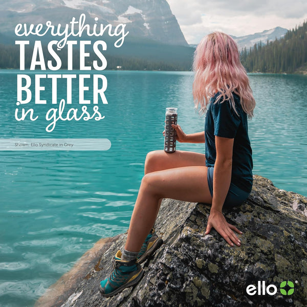 Ello Syndicate 20Oz Reusable Glass Water Bottle with One-Touch Leak Proof Flip Lid and Protective Non-Slip Silicone Sleeve and Carry Loop for