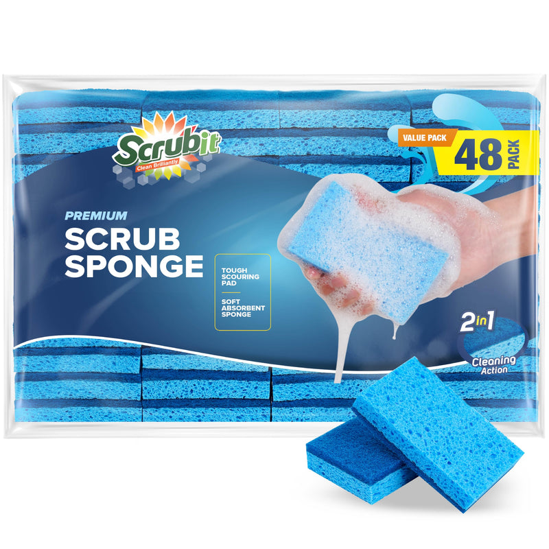 SCRUBIT 48 Pack Kitchen Sponges - Dish Sponge for Washing Dishes, Kitchen & Bathroom â Blue Dishwashing Sponges along with a Thought Scrubber â