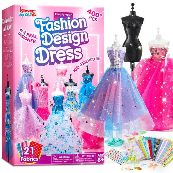 Klever Kits 400+PCS Fashion Design Crafts for Kids, Art and Crafts, DIY Sewing Kits with 3 Mannequins for Girls Aged 8-12, Birthday Presents, Toys
