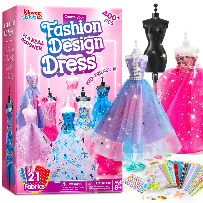 Klever Kits 400+PCS Fashion Design Crafts for Kids, Art and Crafts, DIY Sewing Kits with 3 Mannequins for Girls Aged 8-12, Birthday Presents, Toys