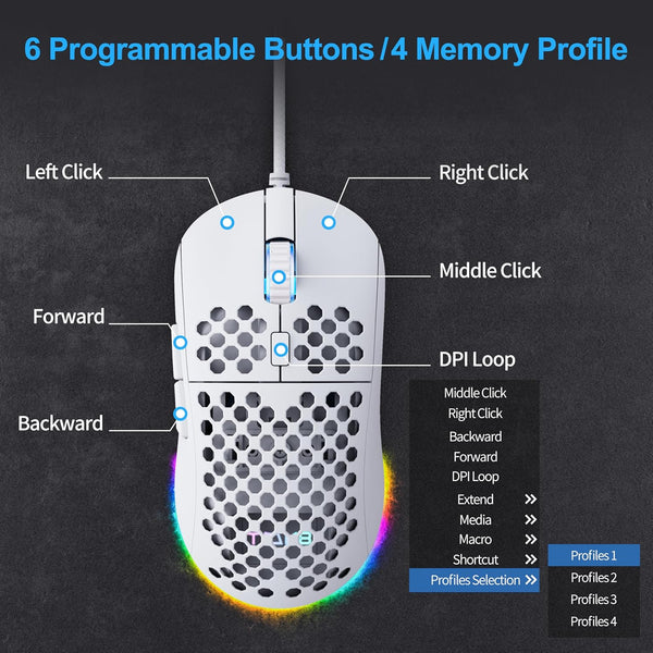 TMKB Falcon M1SE Ultralight Honeycomb Gaming Mouse, High-Precision 12800DPI Optical Sensor, 6 Programmable Buttons, Customizable RGB, Drag-Free