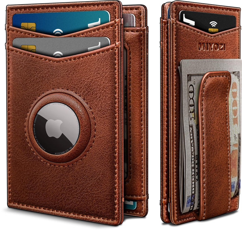 Airtag Wallet for Men- with Money Clip Gift Boxed, Magnetic Closure Slim Genuine Leather Front Pocket Wallet, 3.9"X 2.7", RFID Blocking
