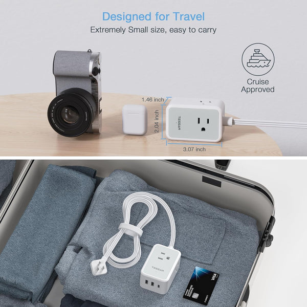 Small Flat Plug Power Strip, TESSAN Ultra Thin Extension Cord with 3 USB Wall Charger (1 USB C), 3 Outlets Mini Charging Station, 5 Ft Slim Plug