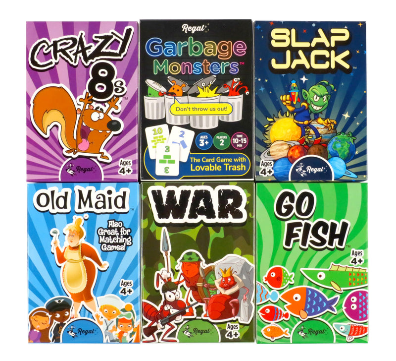 Regal Games Card Games for Kids - Go Fish, Crazy 8'S, Old Maid, Slap Jack, Garbage Monster, War - Simple & Fun Classic Family Table Games - Games